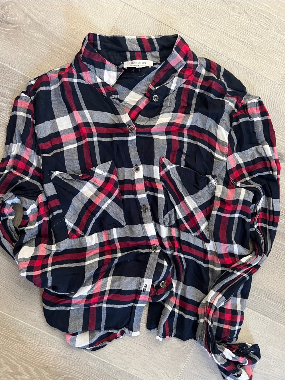 Cotton On women Navy, Red & White Plaid Button-Down Shirt with split back